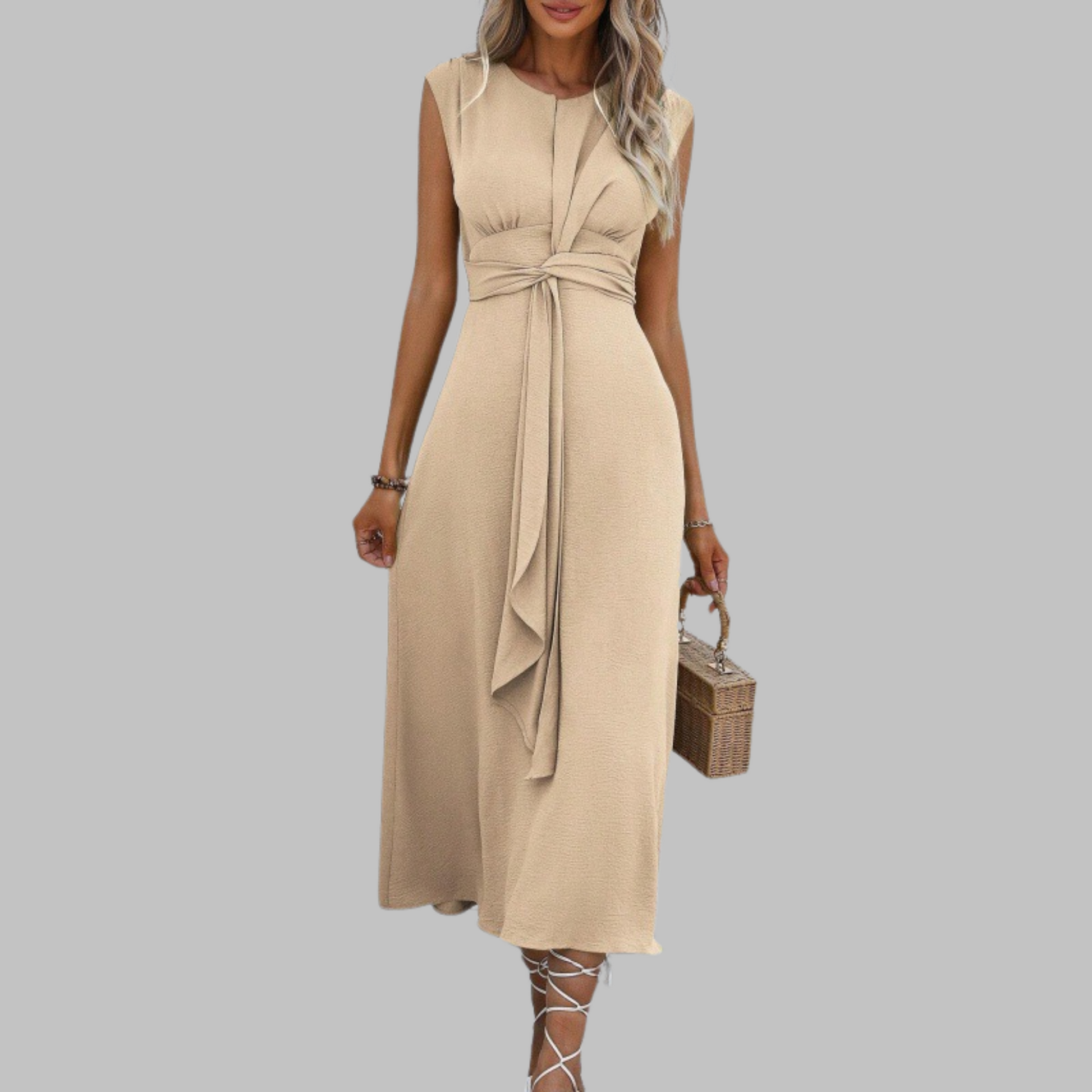 Elegant sleeveless maxi dress round neck flattering silhouette timeless style graceful length