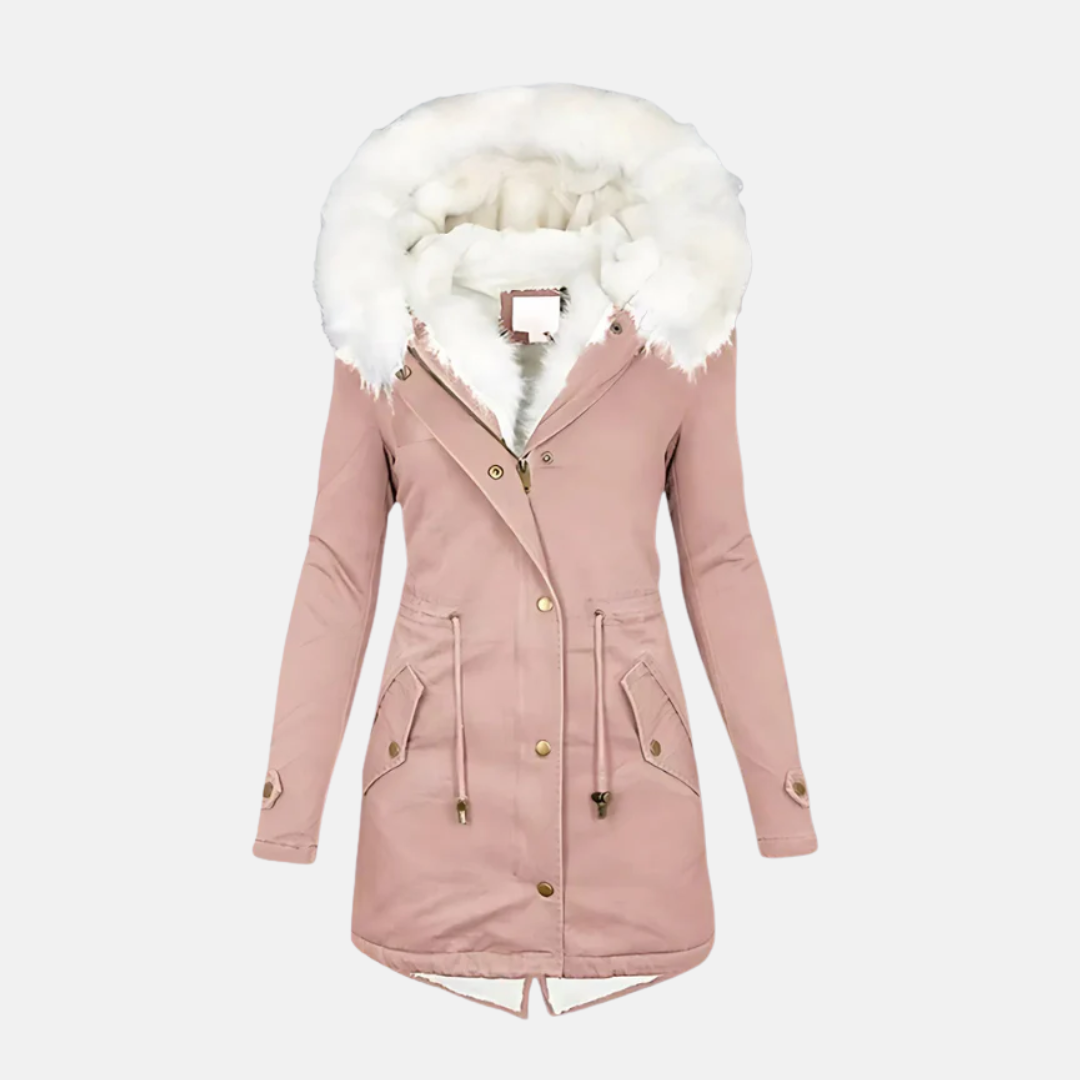 Women's slim fit mid-length parka coat with faux fur hood trim, water-resistant winter jacket