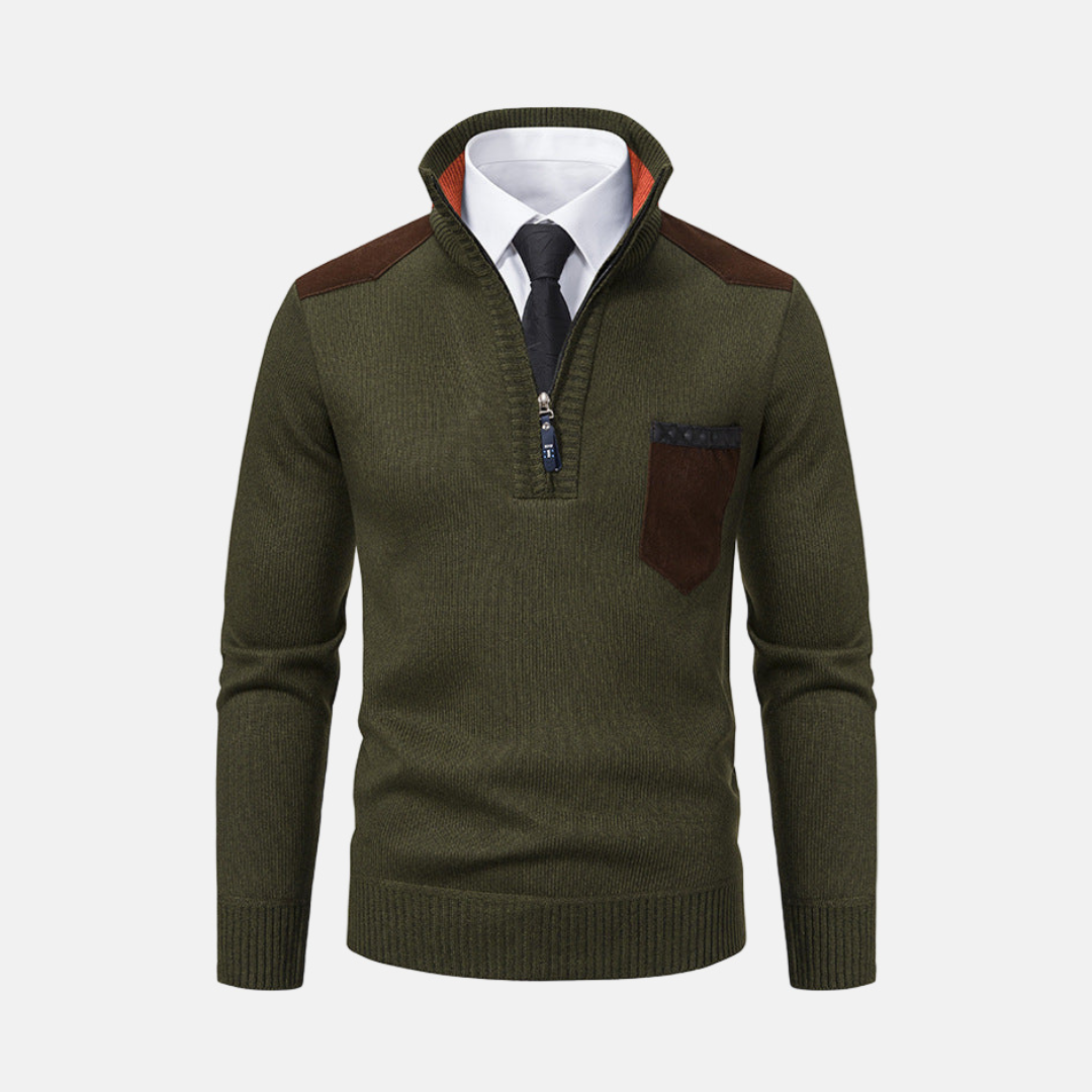 Men's grey knit blend quarter-zip pullover sweater with stand collar for smart casual wear