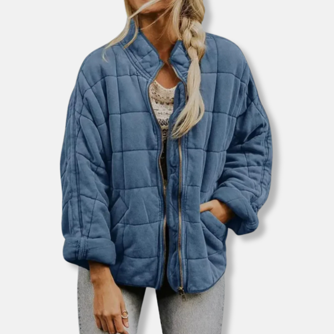 Women's oversized quilted coat relaxed fit stand collar full zip hip length cozy warm outerwear