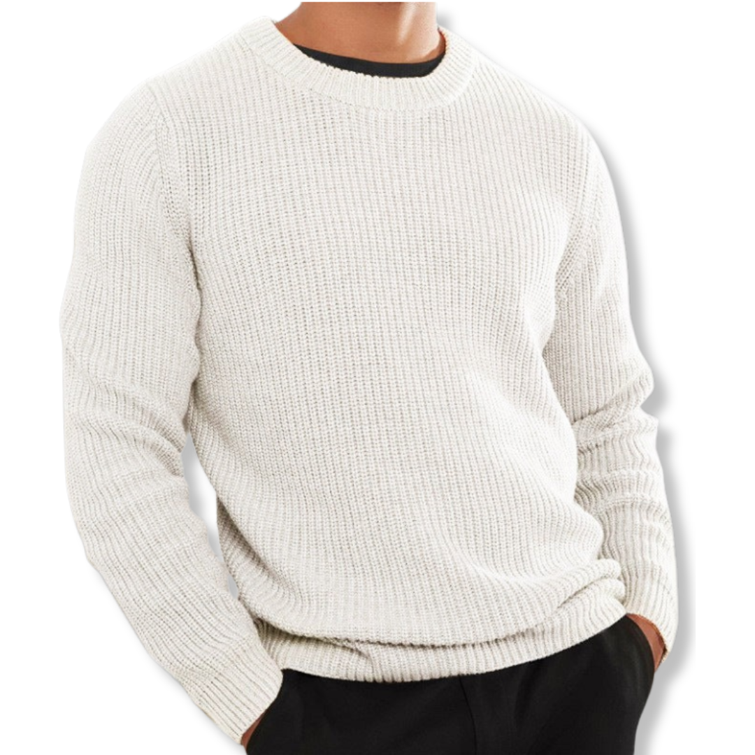 Men's relaxed fit crew neck knit sweater in warm neutral tones, long sleeve casual layering top
