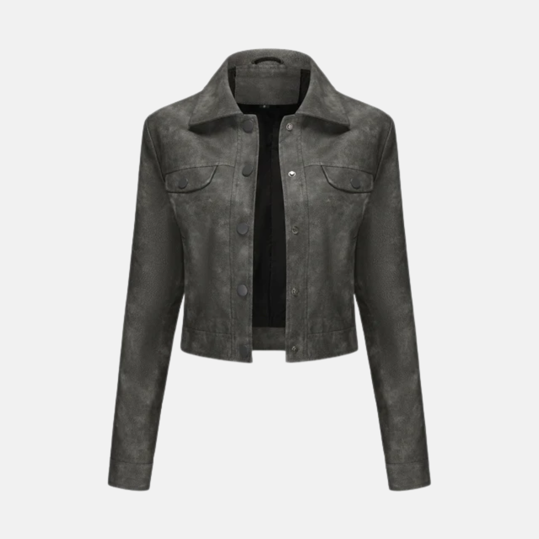 Women's cropped structured jacket woven texture snap front point collar sophisticated modern fit