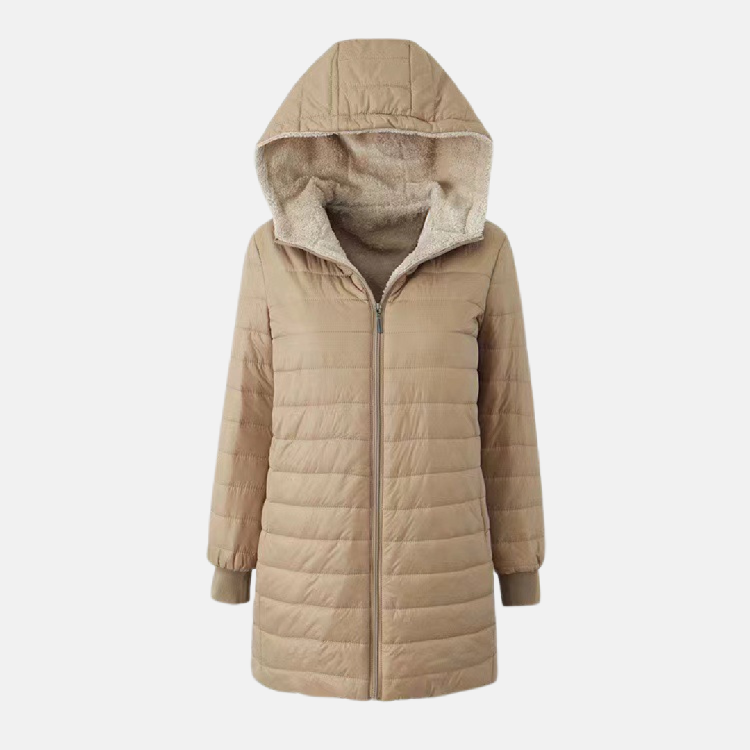 Women's mid-length hooded puffer coat with quilted exterior, plush lining, and sleek grid-stitch pattern