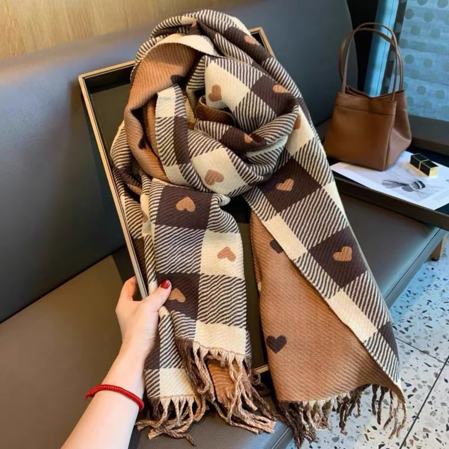 Warm reversible plaid scarf with double-sided design and stylish fringe tassels for cold weather