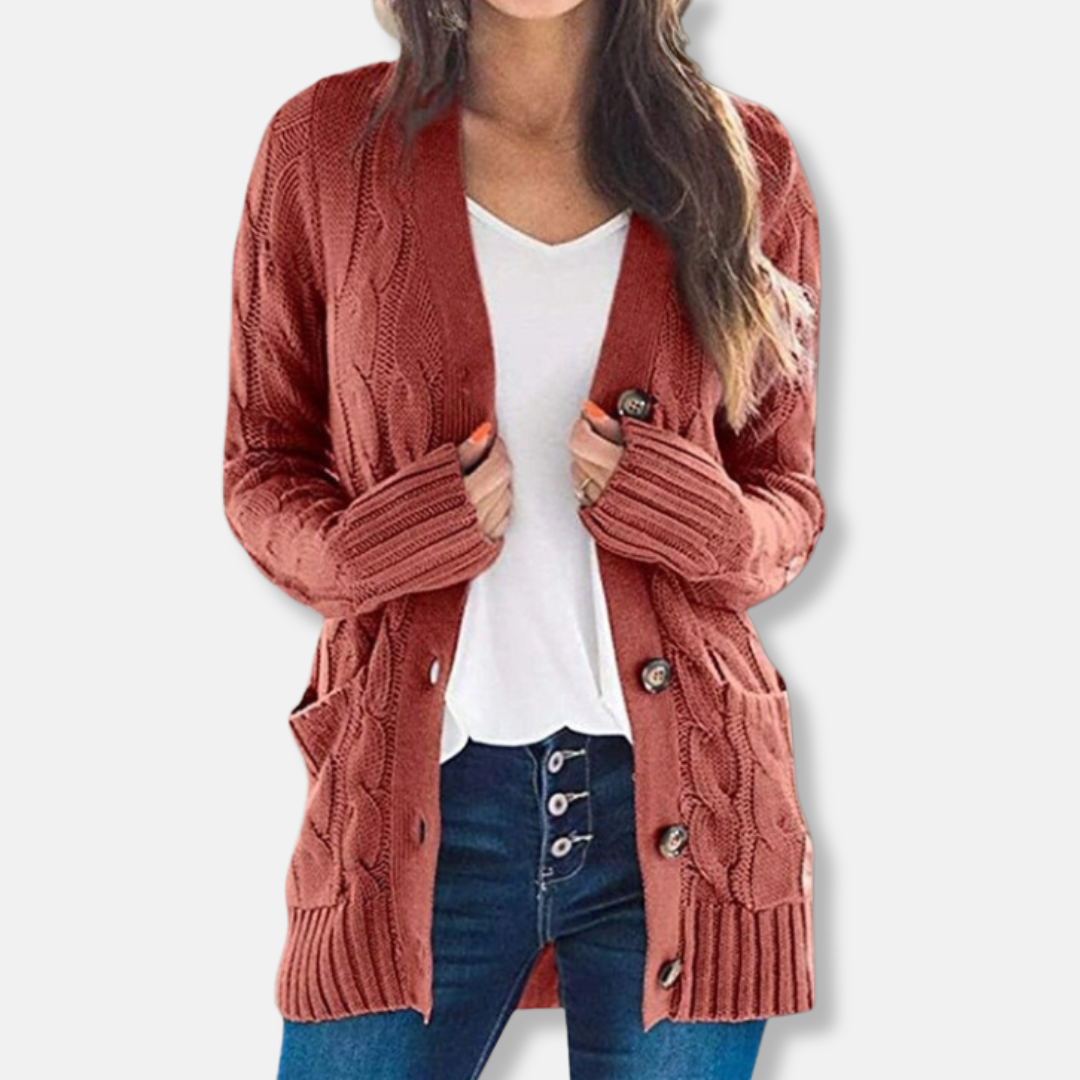 Women's chunky cable knit cardigan sweater relaxed fit with button front and patch pockets