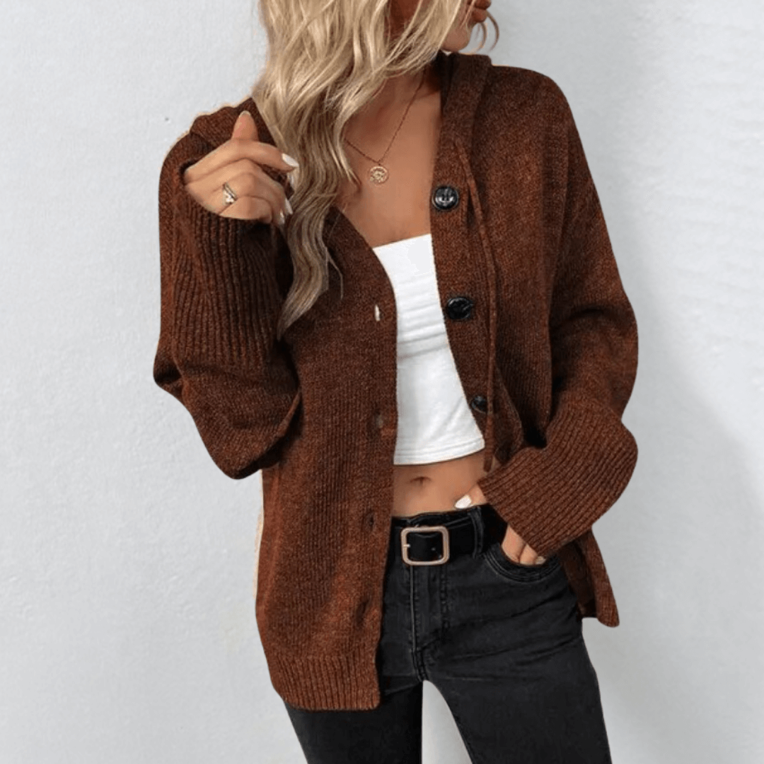Women's cozy knit hooded cardigan relaxed fit winter style with soft warm fabric