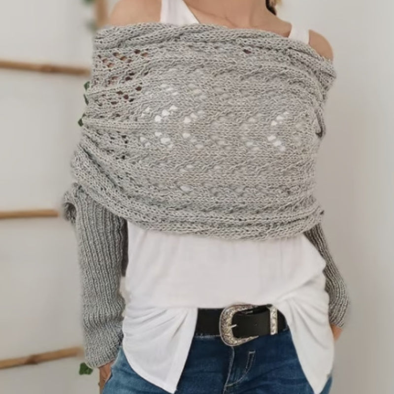 Maribel hand-knitted openwork scarf with sleeves, lightweight hypoallergenic acrylic wrap in neutral tone