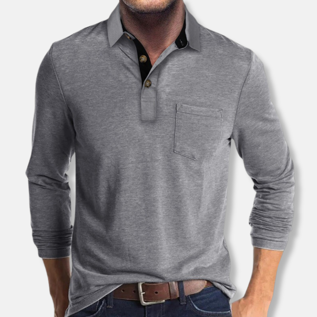 Men's long sleeve cotton blend polo shirt regular fit contrast collar smart casual style