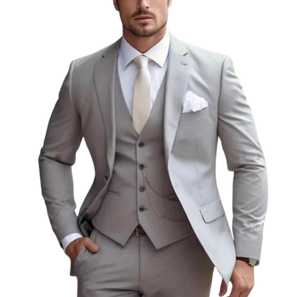 Men's slim fit three-piece formal suit in classic black with matching vest for weddings and black tie