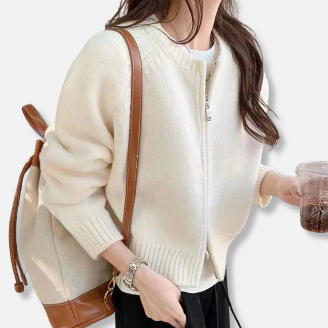 Women's cropped wool knit cardigan open-front relaxed fit layering essential in neutral tones