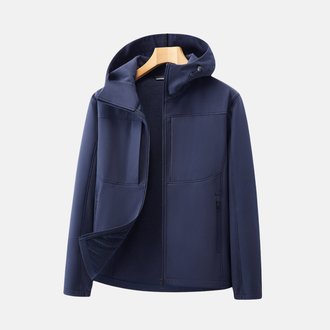 Men's weatherproof softshell jacket with fleece lining, adjustable hood, and secure zip pockets