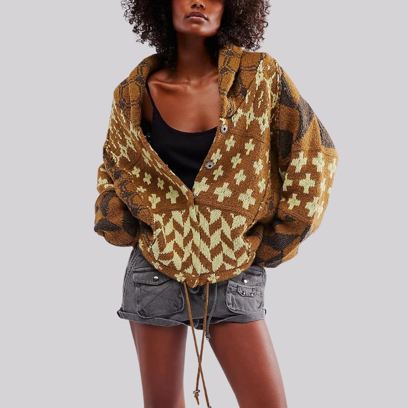 Devran oversized knitted cardigan with woven geometric pattern in a weighty, structured knit