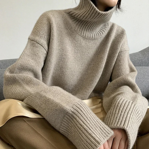 Women's loose fit turtleneck knit sweater soft warm cozy everyday comfort style