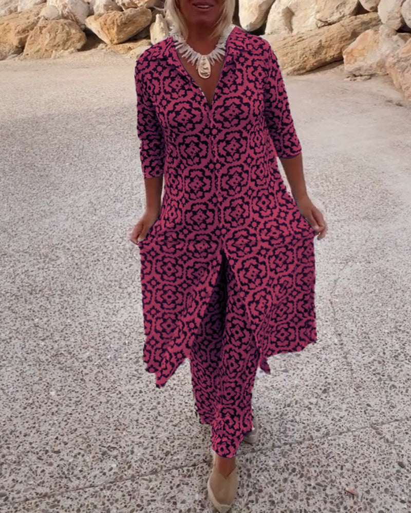 Women's fuchsia black geometric print two-piece set longline button-front shirt straight pants