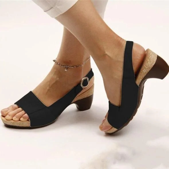 Women's block heel slingback sandals with peep-toe silhouette and adjustable buckle strap