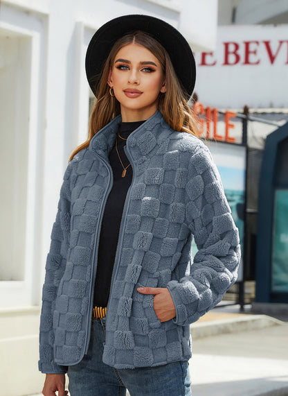Women's cozy plaid fleece zip-front jacket with high collar for winter warmth