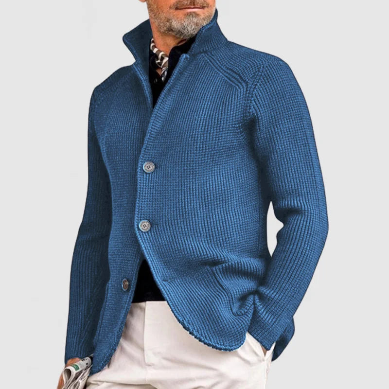 Men's navy knit cardigan long sleeve button closure cozy Nordic-style layering piece