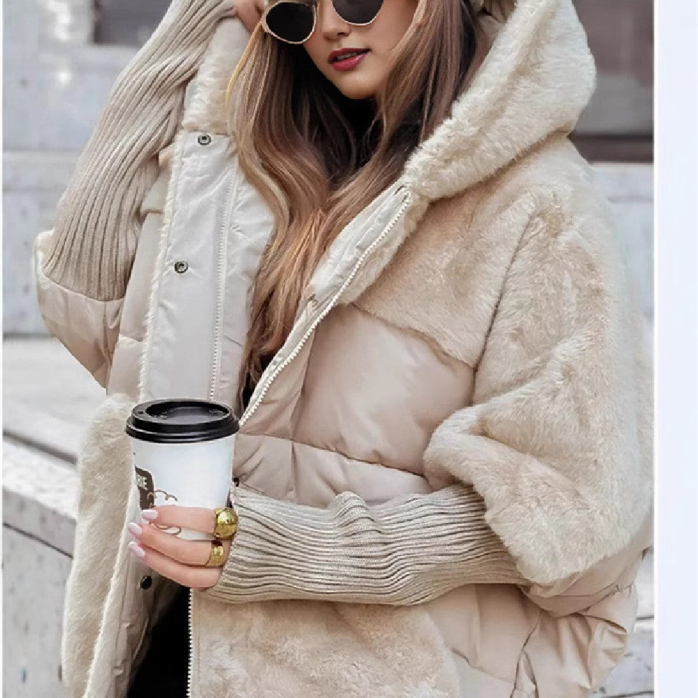 Women's oversized cocoon plush coat with faux fur trim, premium cotton, warm winter style