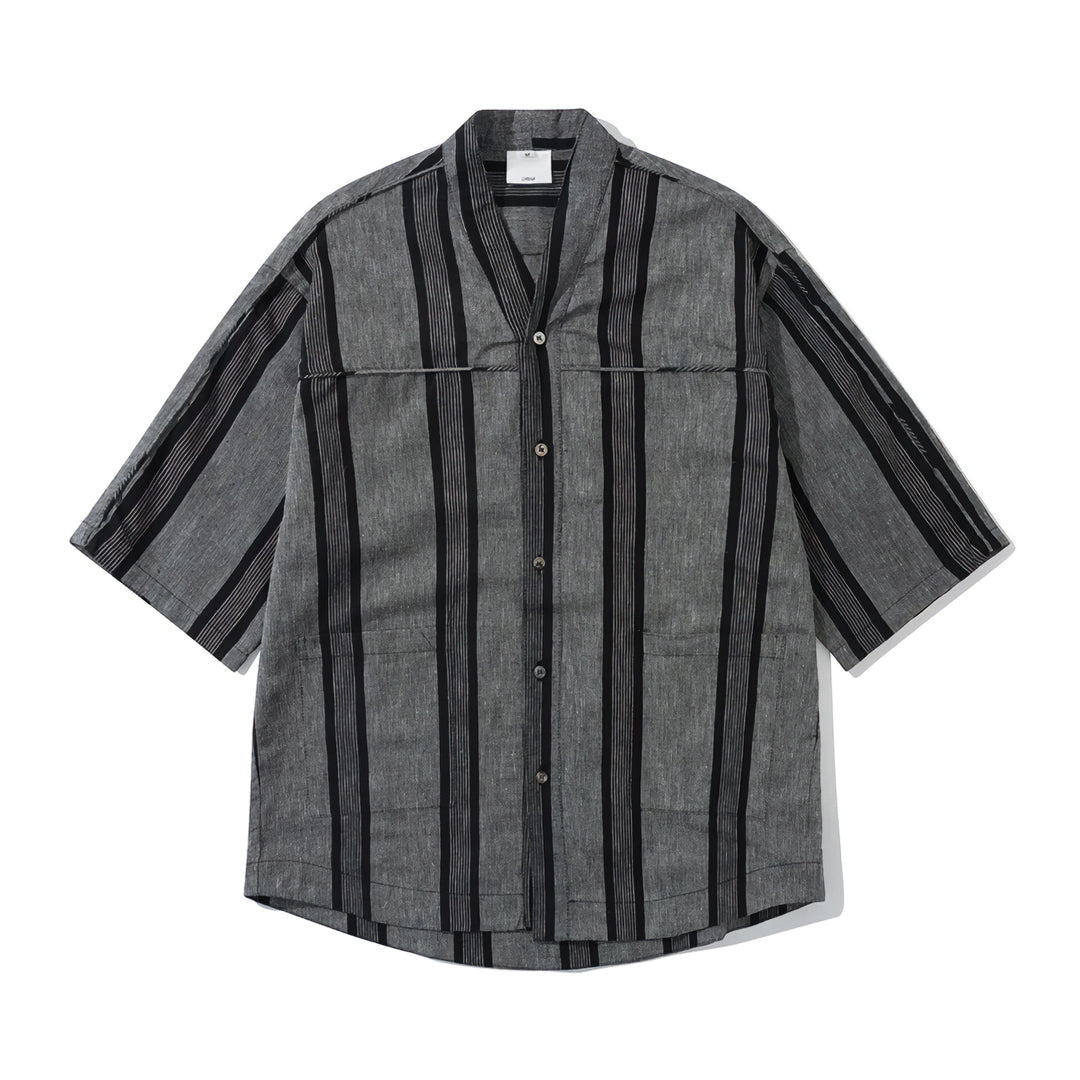 Striped kimono shirt in shadow tones, relaxed fit with wide sleeves and dual pockets in cotton-linen blend
