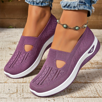 Women's slip-on knit sneakers in neutral tones, lightweight breathable upper with perforated pattern