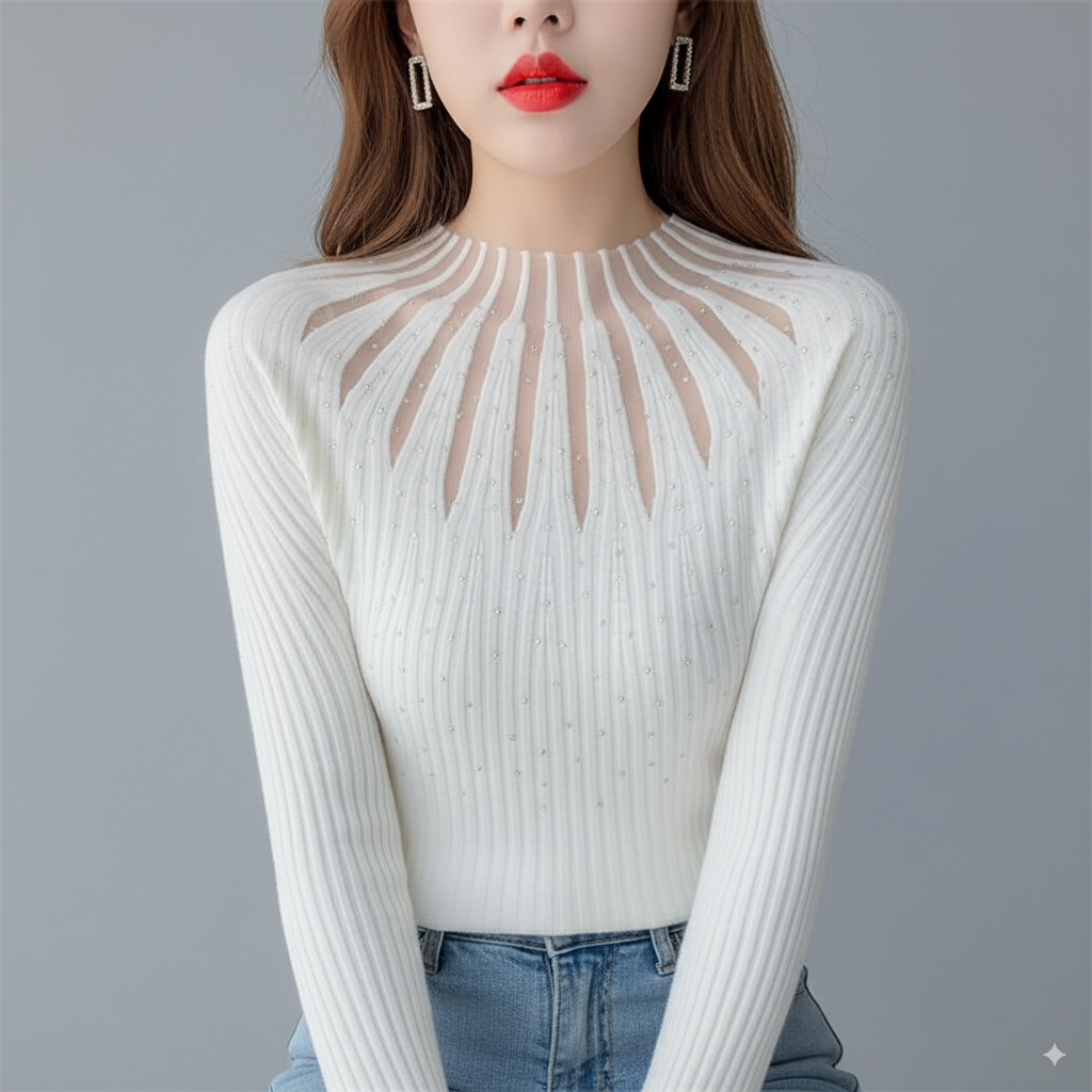 Women's ribbed knit top in neutral tone with elegant cutout detail, slim fit, sophisticated everyday style