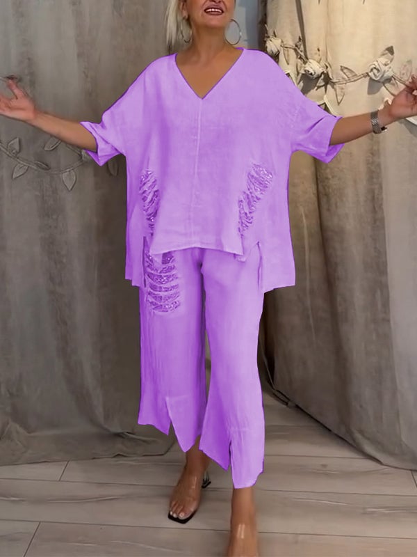Women's ivory linen 2-piece set oversized V-neck top with sequin fringe pocket and cropped wide-leg pants
