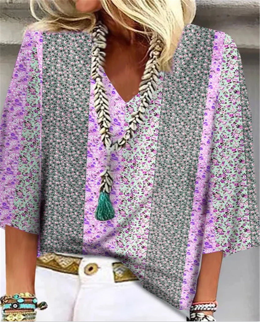 Women's ditsy floral patchwork V-neck top in blue grey pink with relaxed 3/4 sleeves
