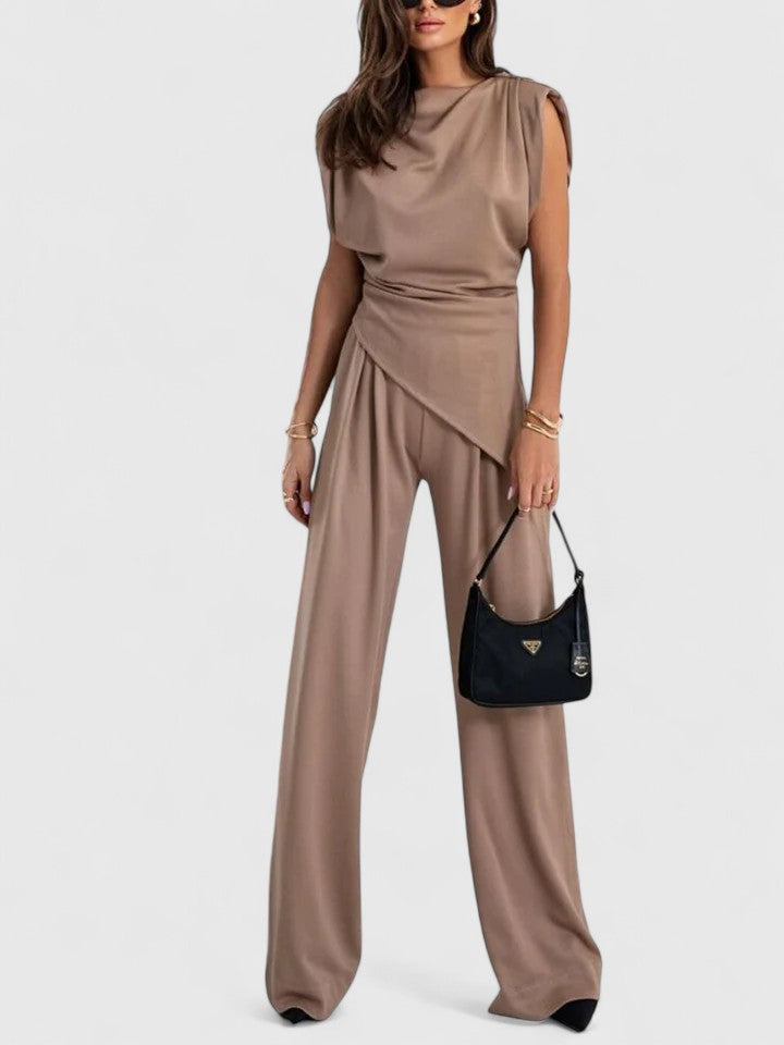 Cream draped two-piece set wide-leg pants asymmetric top women's occasion outfit