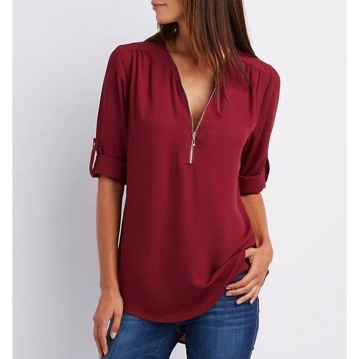 Women's casual zip-up V-neck blouse with rolled half sleeves and relaxed drape in Rosé