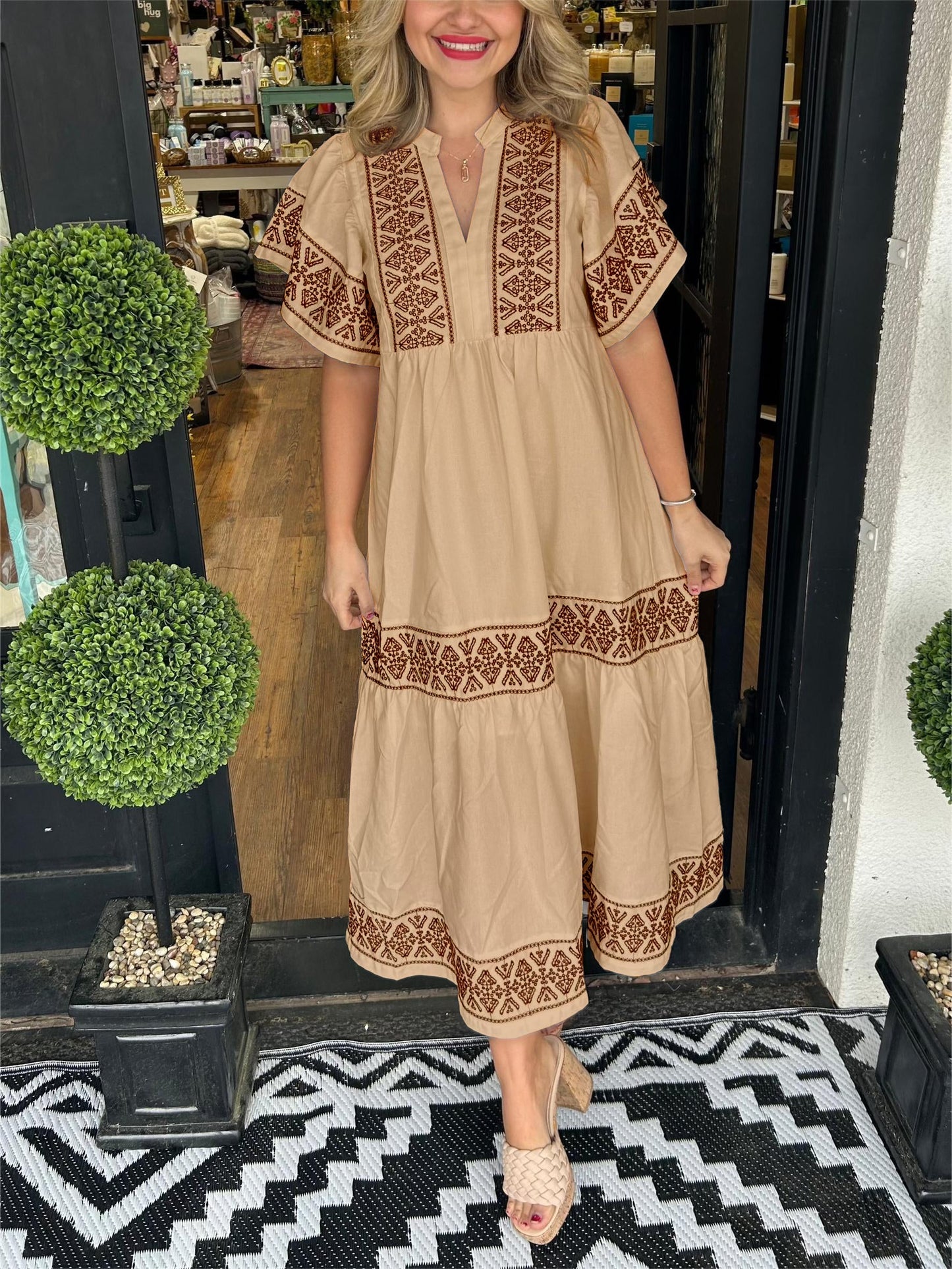Women's boho flowy loose fit dress with tummy control, soft draped silhouette in relaxed feminine style