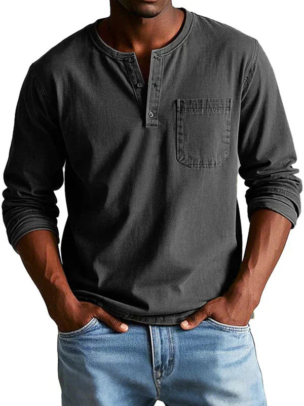 Men's classic indigo Henley shirt long sleeve 3-button placket casual everyday comfort fit