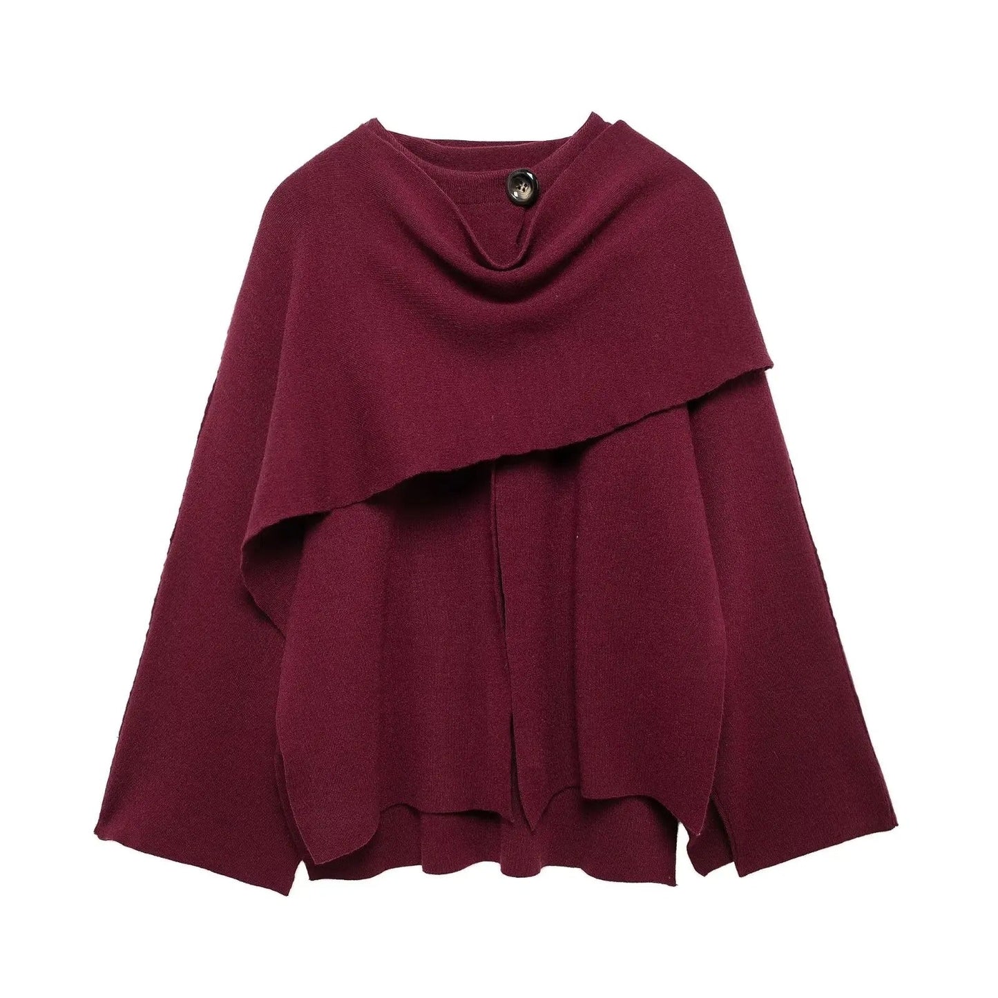 Elegant draped cape mantel in flowing silhouette with refined tailoring for effortless chic layering