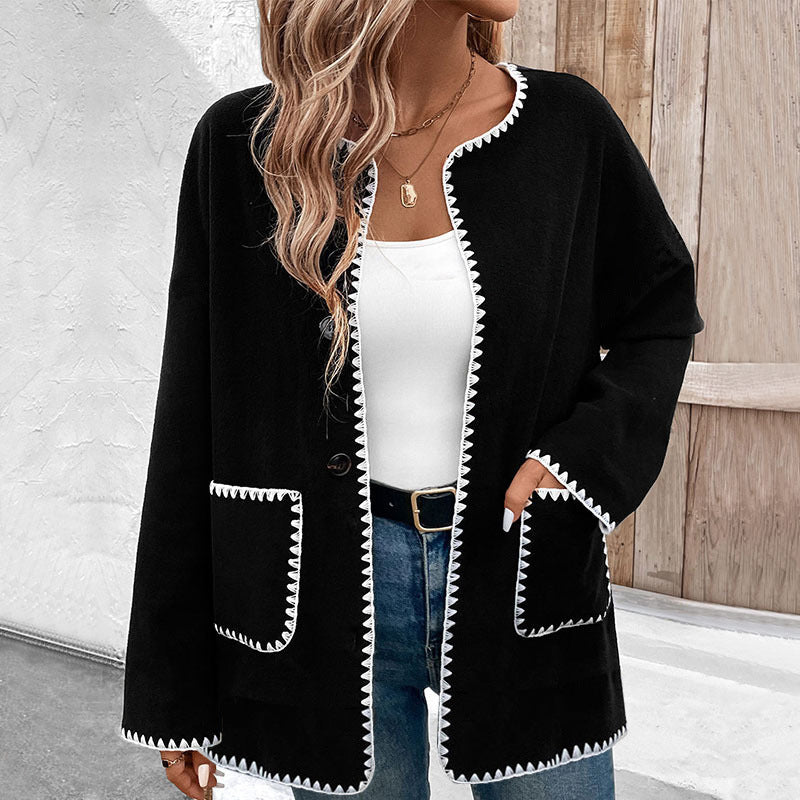 Unisex colorblock fleece coat black-trimmed long sleeve with pockets for cozy modern winter style