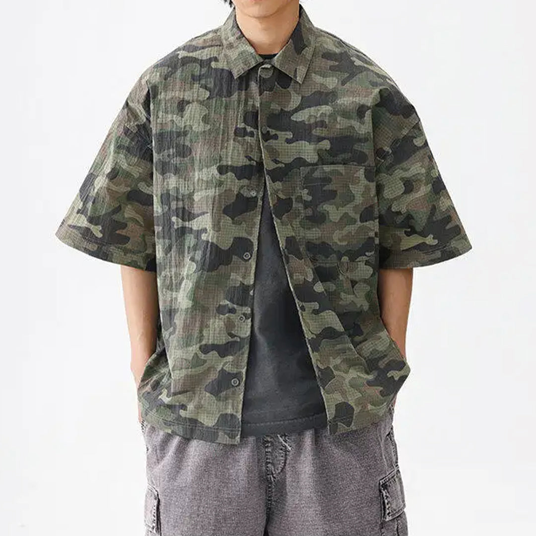 EchoTrek Recon camouflage shirt water-resistant loose fit camp collar drop shoulder nylon blend