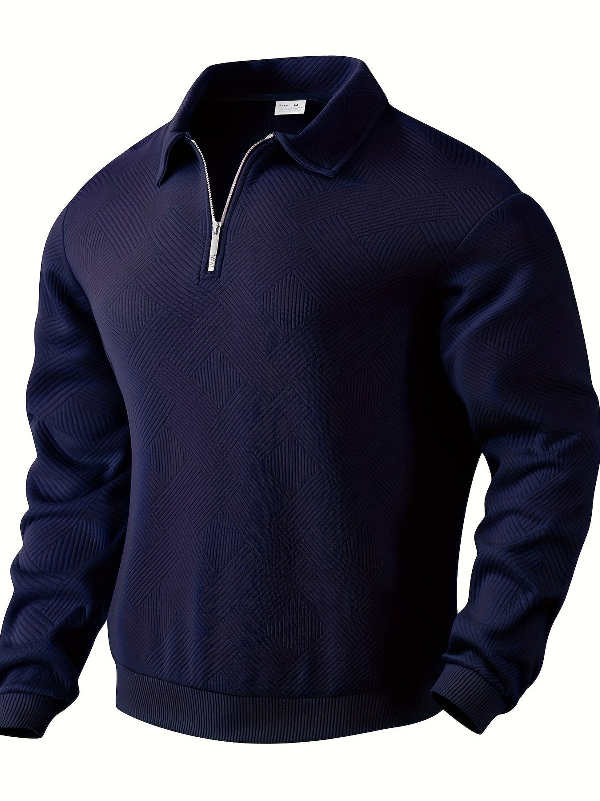 Men's navy geometric textured knit sweater with half-zip collar, regular fit for casual and smart wear