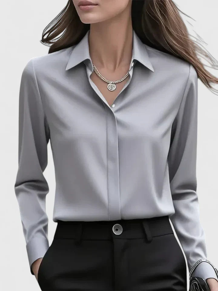 Women's navy blue satin button-down shirt with concealed placket, elegant slim fit for office wear