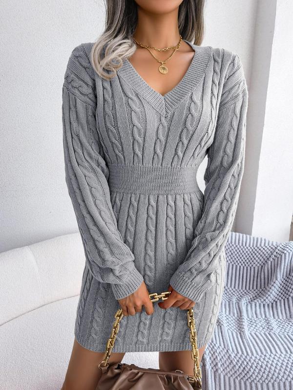 Cozy long sleeve V-neck dress in soft fabric with flattering feminine silhouette for effortless style