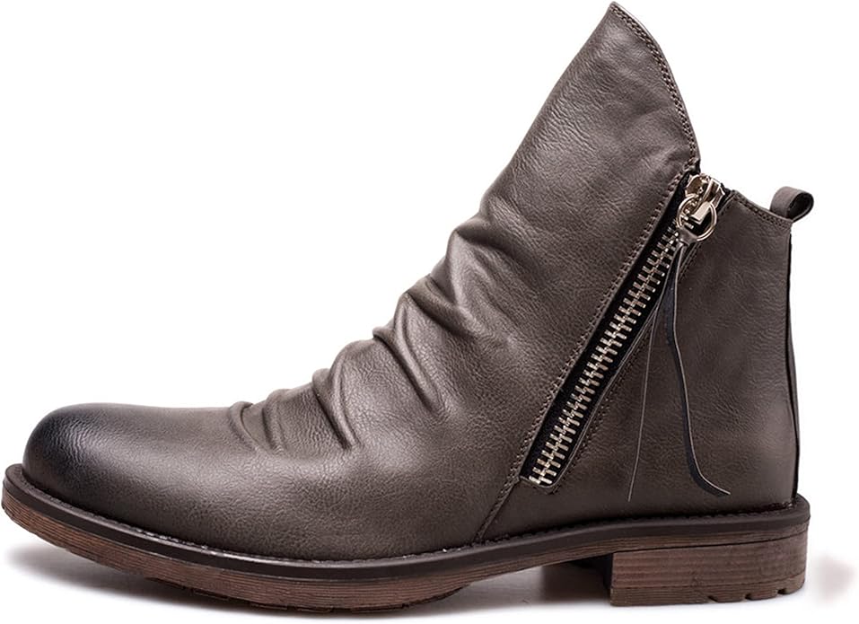 Men's brown leather ankle boots with side zipper, smart casual style and durable vegan leather upper