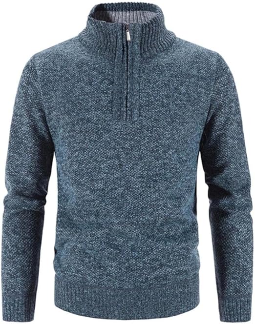 Men's structured knit quarter-zip sweater with high collar and ribbed edge detailing for smart-casual wear