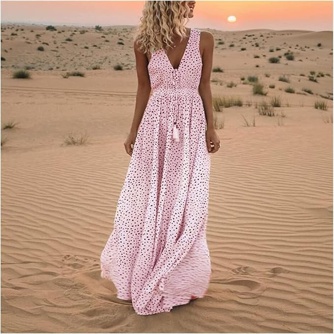 Women's boho polka dot flowy maxi dress with soft draped silhouette in feminine vintage style