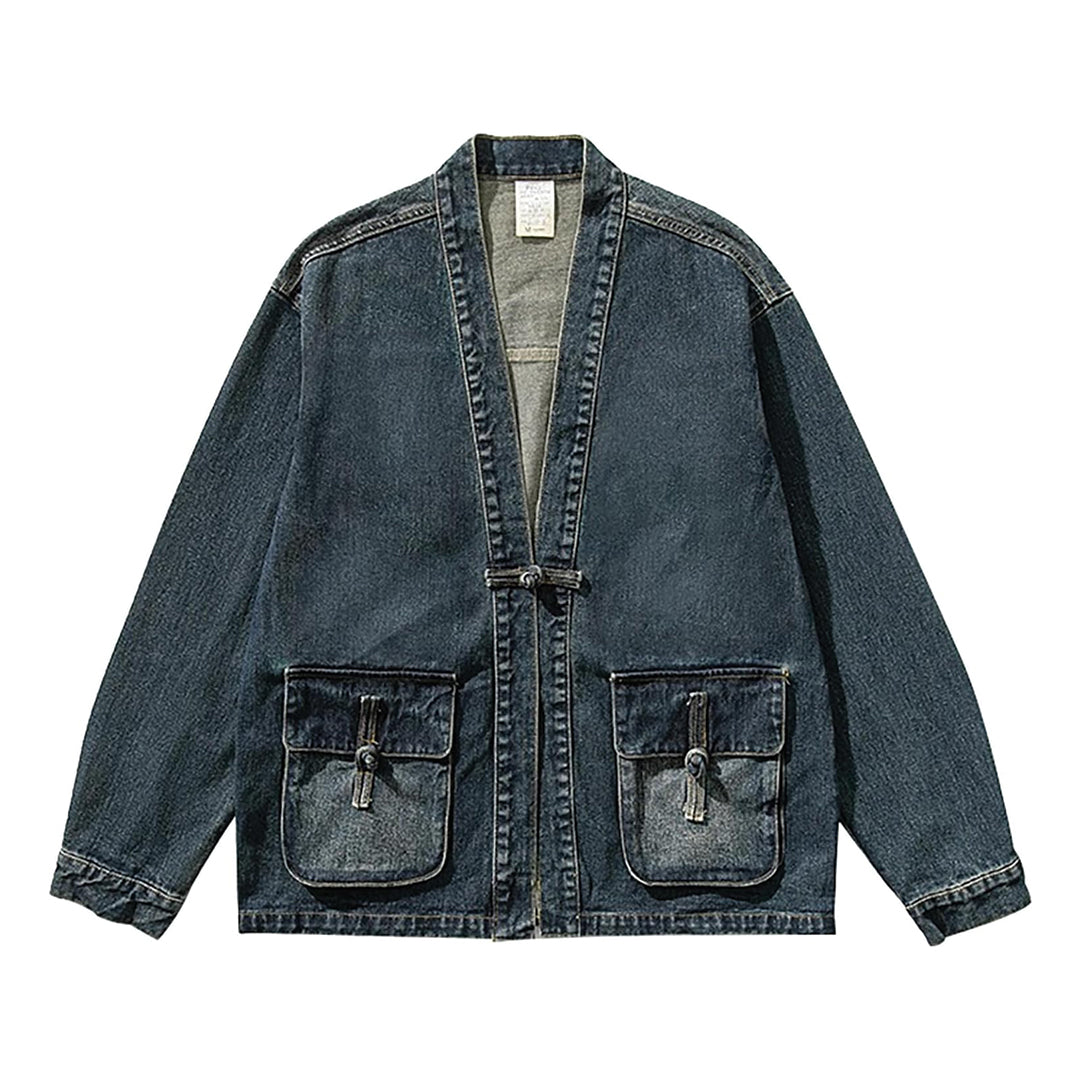 Aged denim kimono jacket vintage wash open-front cut with utility pockets for cultural fusion streetwear