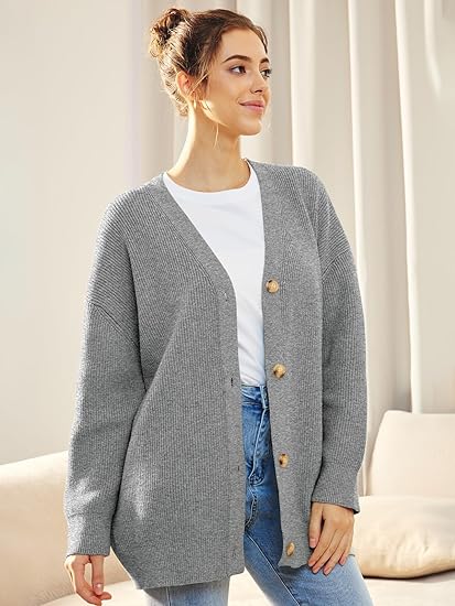 Isla oversized knit button cardigan in neutral tone with V-neckline and relaxed layering silhouette