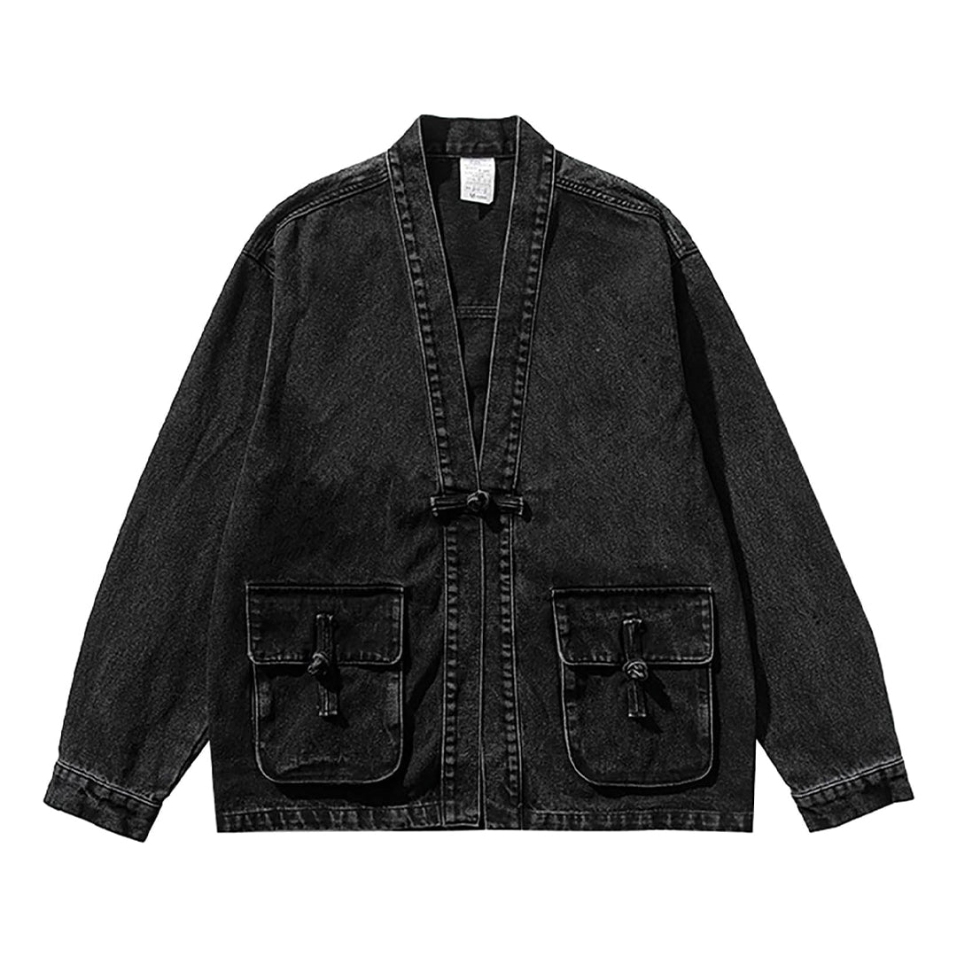 Aged denim kimono jacket with vintage wash, open-front design, utility pockets, and regular fit