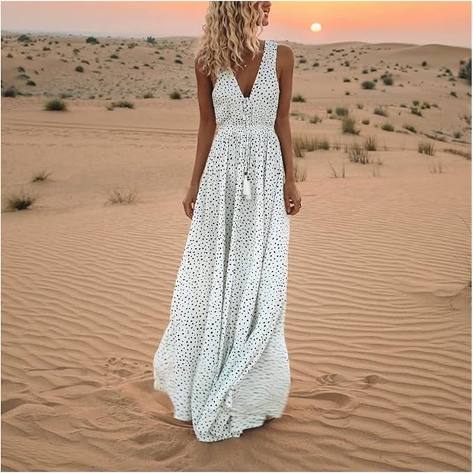 Women's boho polka dot flowy maxi dress with soft draped silhouette and feminine print