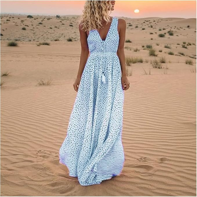 Women's boho polka dot flowy maxi dress with soft draped silhouette and feminine carefree style
