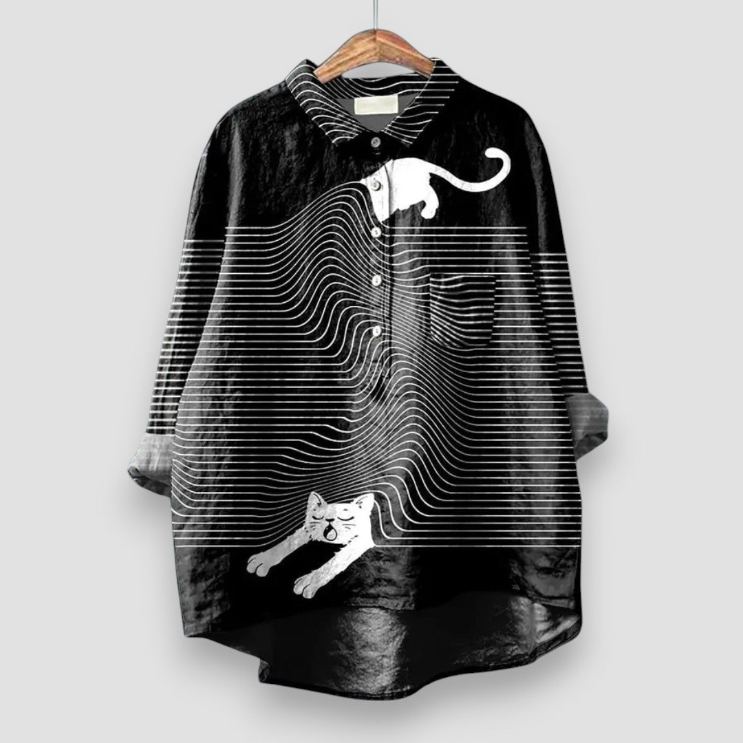 Women's relaxed-fit shirt with playful all-over dog print, charming and effortlessly chic