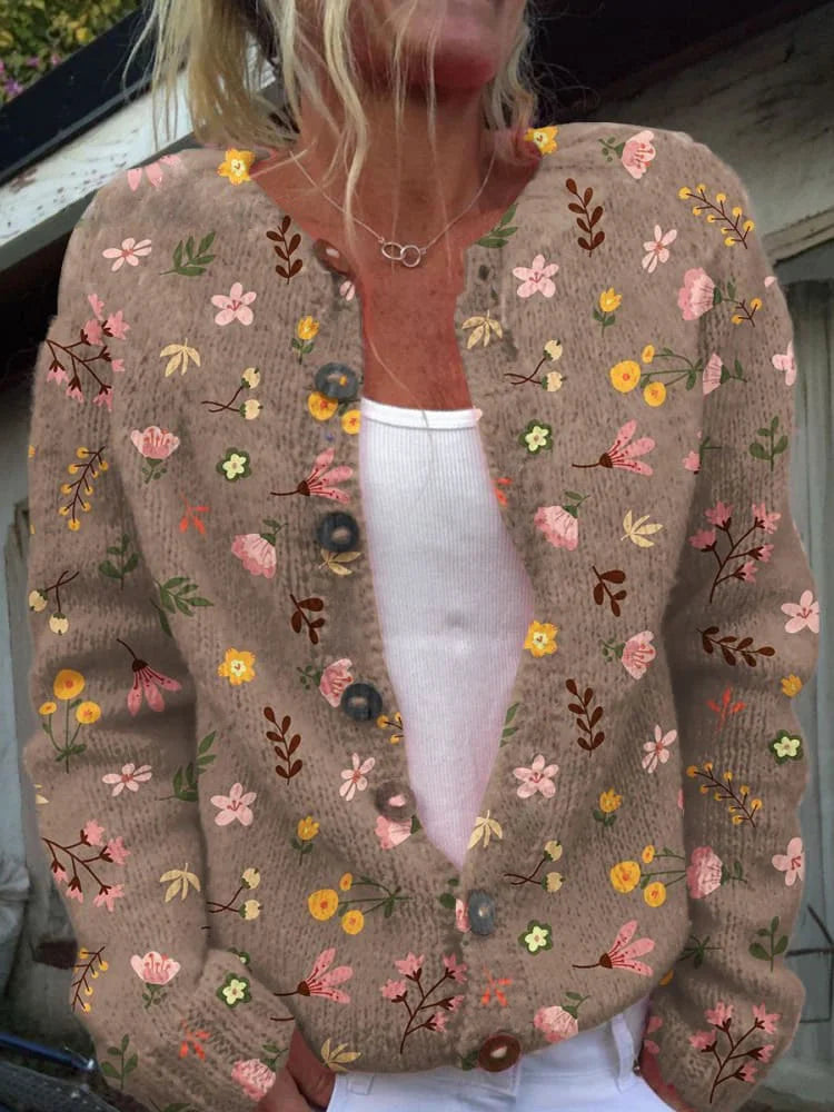 Women's blue floral knit cardigan vintage-inspired breathable layering piece with delicate woven motifs