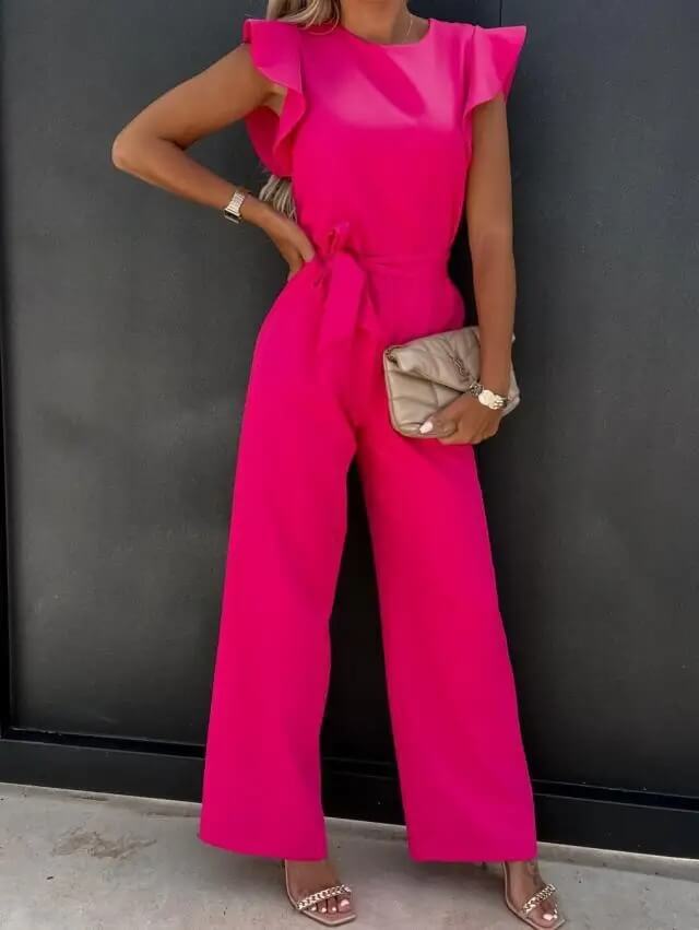 Champagne wide leg jumpsuit with ruffle cap sleeves, self-tie belt, and floor-length elegant silhouette