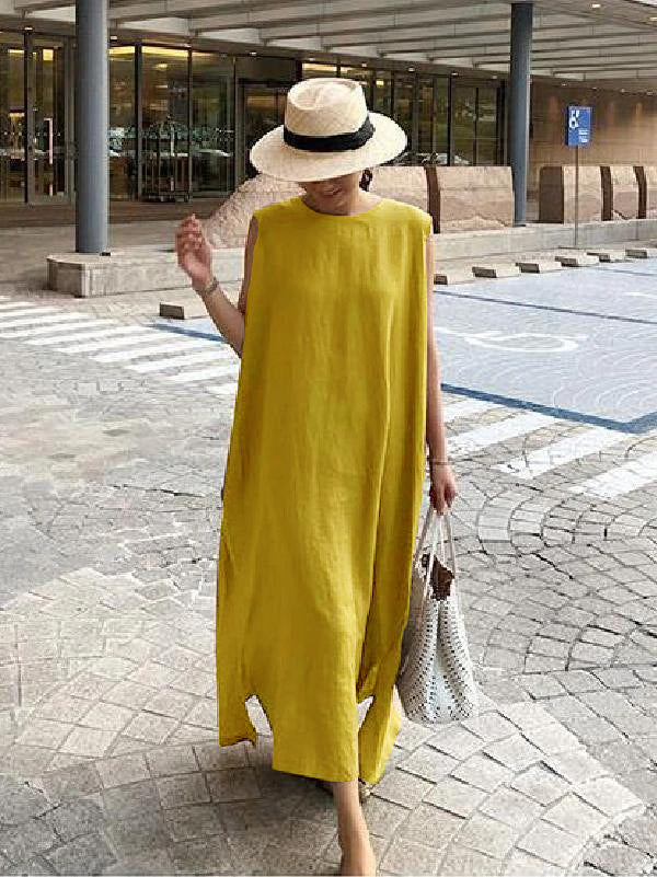 Bohemian linen-cotton loose dress round neck side slit breathable one-size women summer style