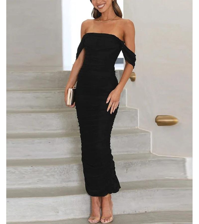 Ivory off-shoulder draped midi evening dress with elegant tailored silhouette and flowing design